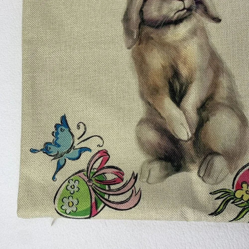 Easter Bunny Eggs Fairies Woven Pillow Cover Square Butterfly 17.5” x 18”
